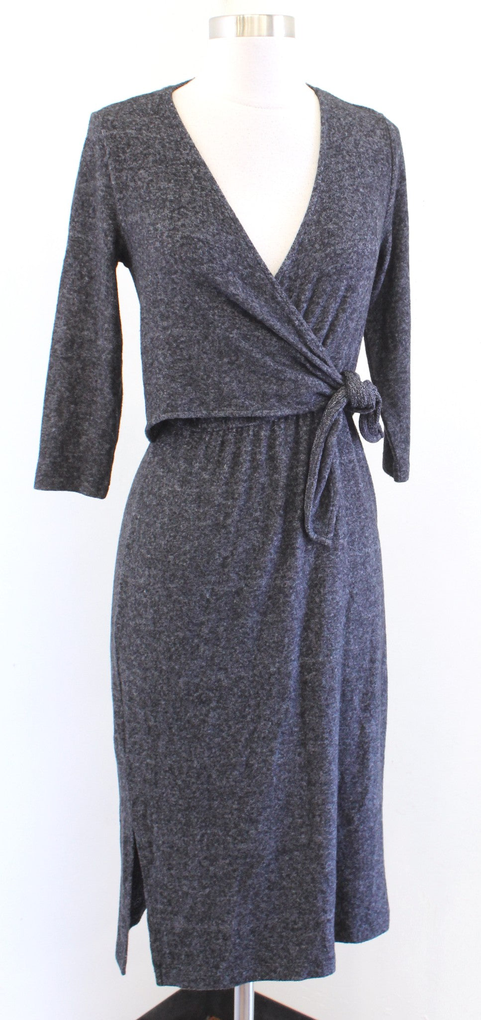 Saturday Sunday Anthropologie Dark Gray Soft Knit Tie Faux Wrap Dress Size XS