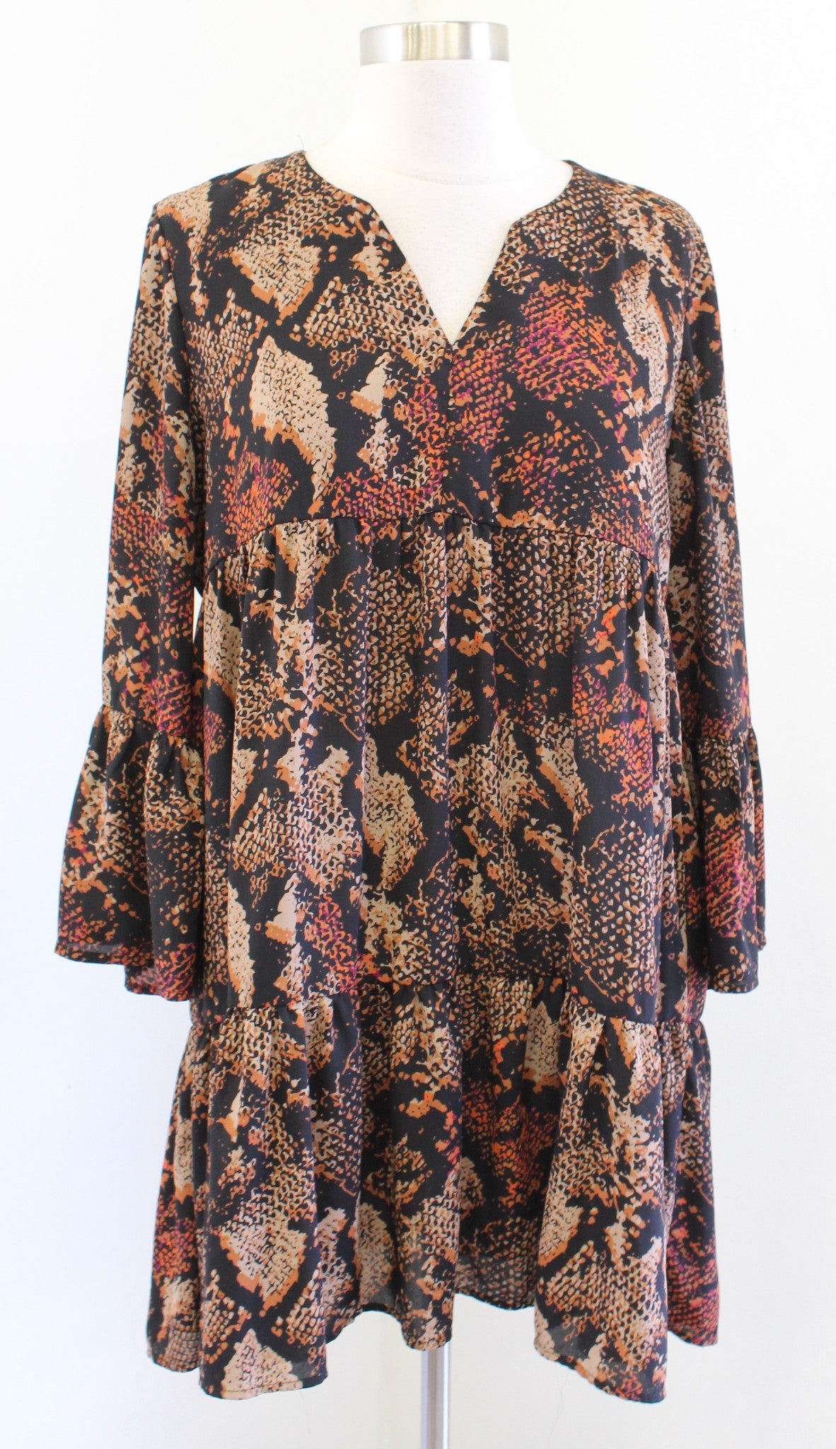 Joseph Ribkoff Snakeskin Print Tiered Bell Sleeve Tunic / Mini Dress Sz 8 Black