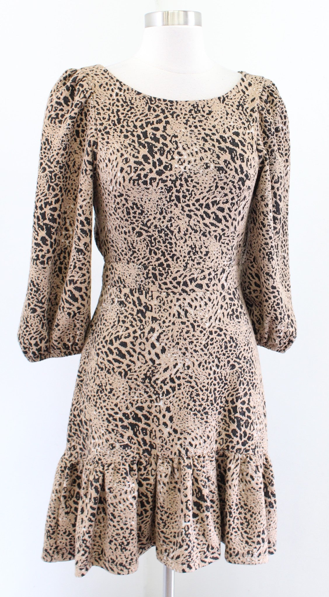 Maeve Anthropologie Leopard Print Knit Bow Cutout Back Mini Flounce Dress Size 4