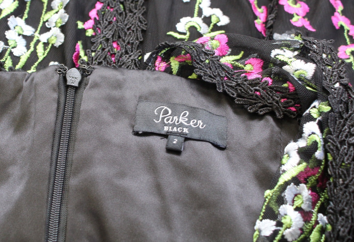 Parker Black Black Mesh Floral Embroidered A Line Dress Sz 2 Cocktail Party Pink