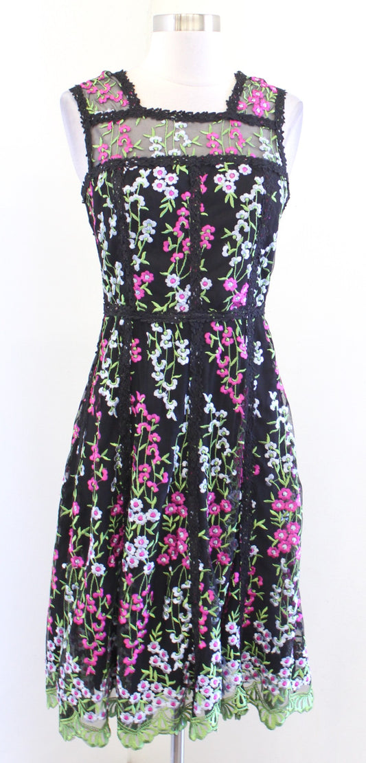 Parker Black Black Mesh Floral Embroidered A Line Dress Sz 2 Cocktail Party Pink