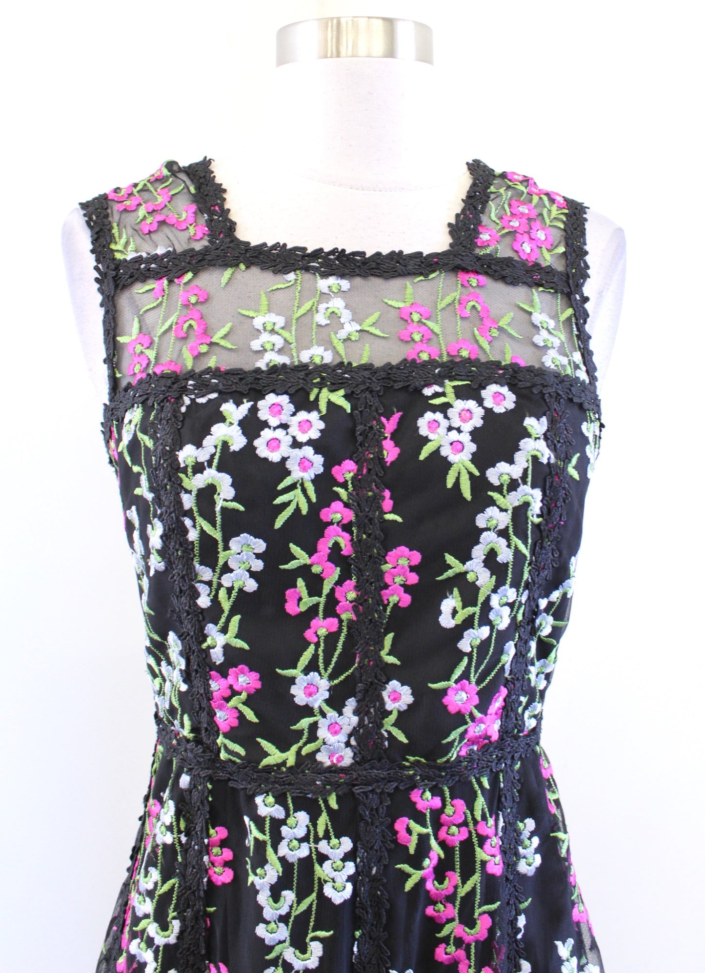 Parker Black Black Mesh Floral Embroidered A Line Dress Sz 2 Cocktail Party Pink