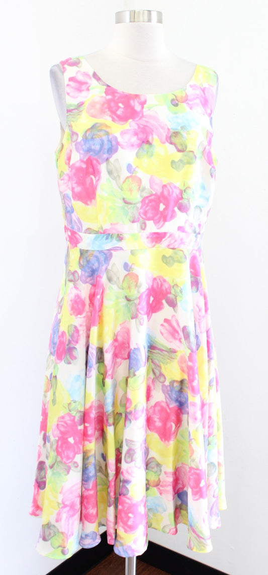 Talbots Womens Floral Watercolor A Line Fit and Flare Dress Sz 10 Colorful Pink