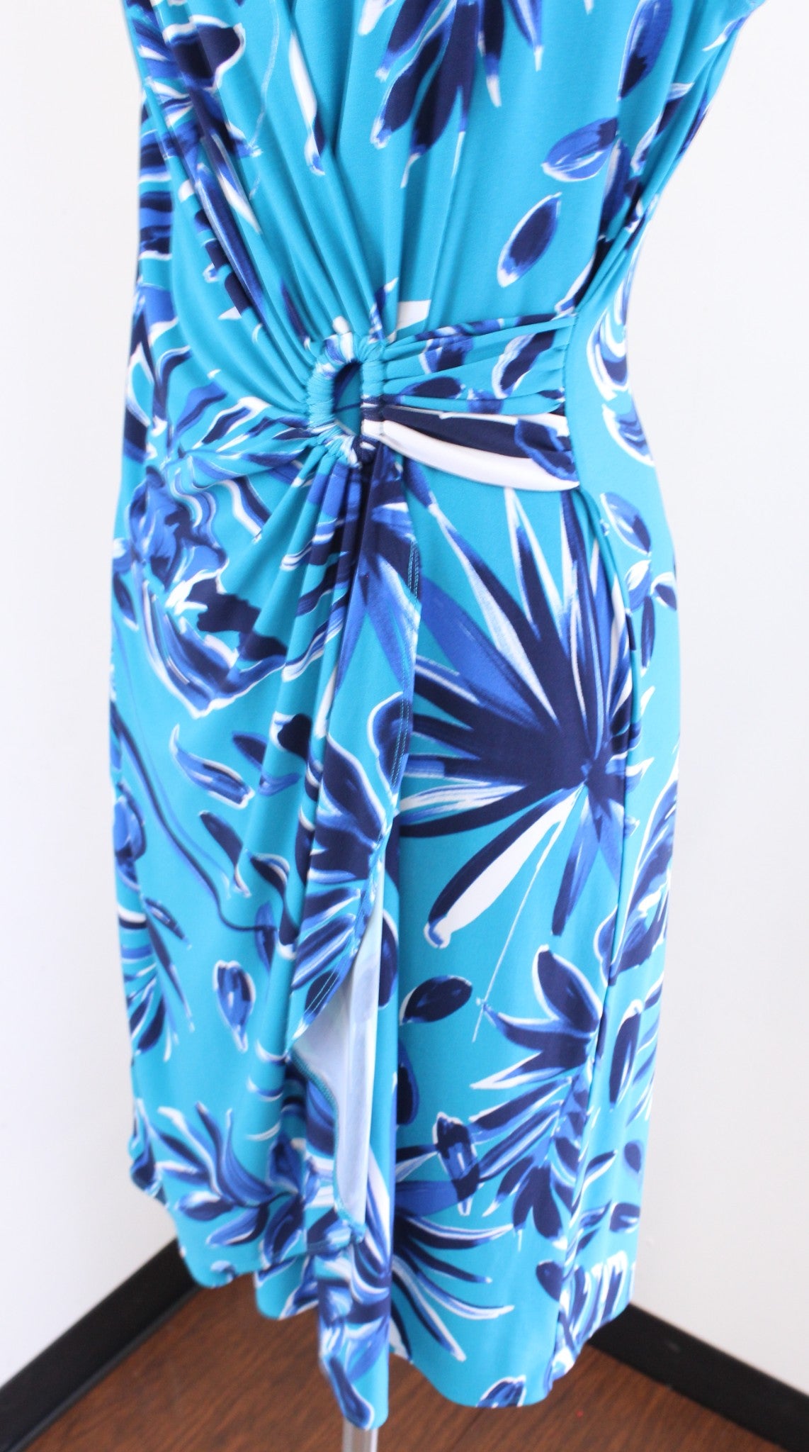 Tommy Bahama Clara Blue Botanical Blitz Palm Leaf Ruched Faux Wrap Dress Sz S