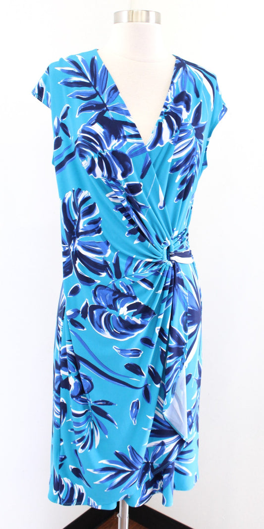 Tommy Bahama Clara Blue Botanical Blitz Palm Leaf Ruched Faux Wrap Dress Sz S