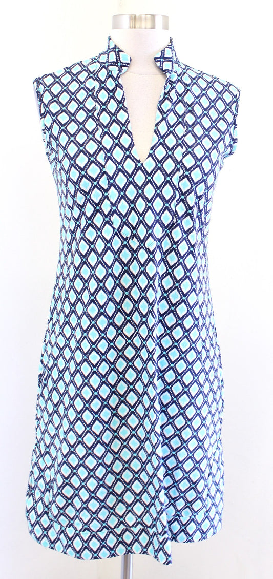 Jude Connally Blue Aqua Geometric Print Jude Cloth Tunic Dress Sz XS Notch Neck