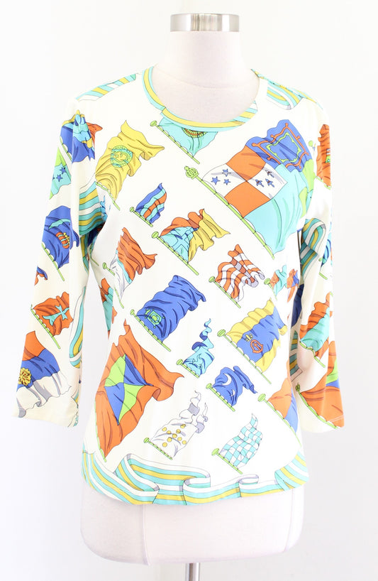 J McLaughlin Cream Off White Colorful Nautical Flag Print Catalina Cloth Top S