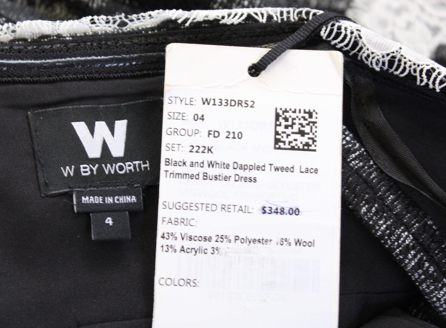 NWT W by Worth Womens Black White Tweed Lace Trim Bustier Sheath Dress Sz 4 Wool