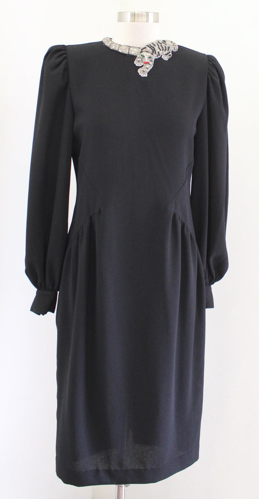 Vtg 90s Black Tiger Sequin Embellished Neckline Puff Sleeve Dress Sz 8 Cocktail