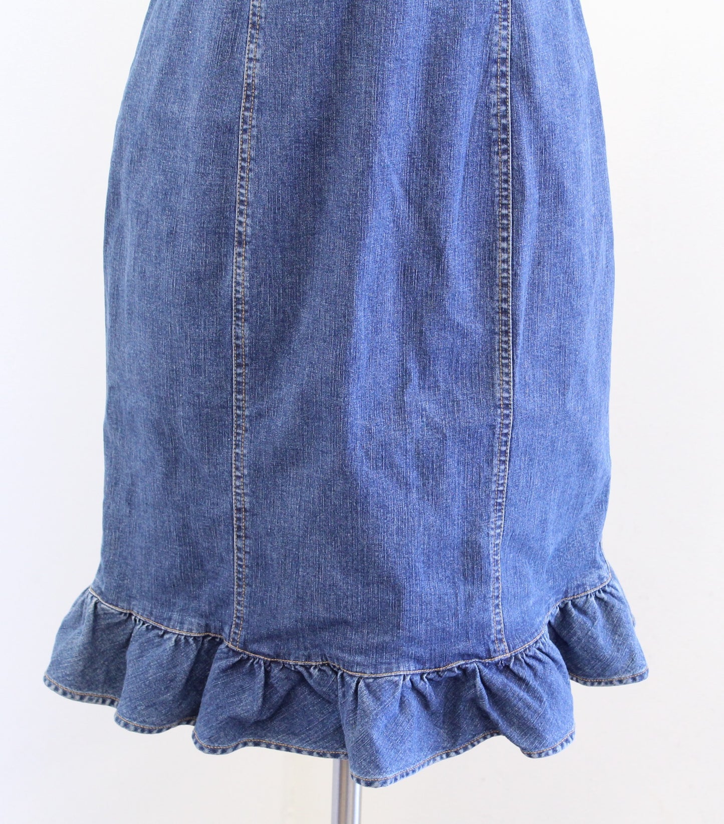 Vtg 2000s Y2k Denim Jean Ruffle Flounce Hem Sleeveless Dress Size 0 Square Neck