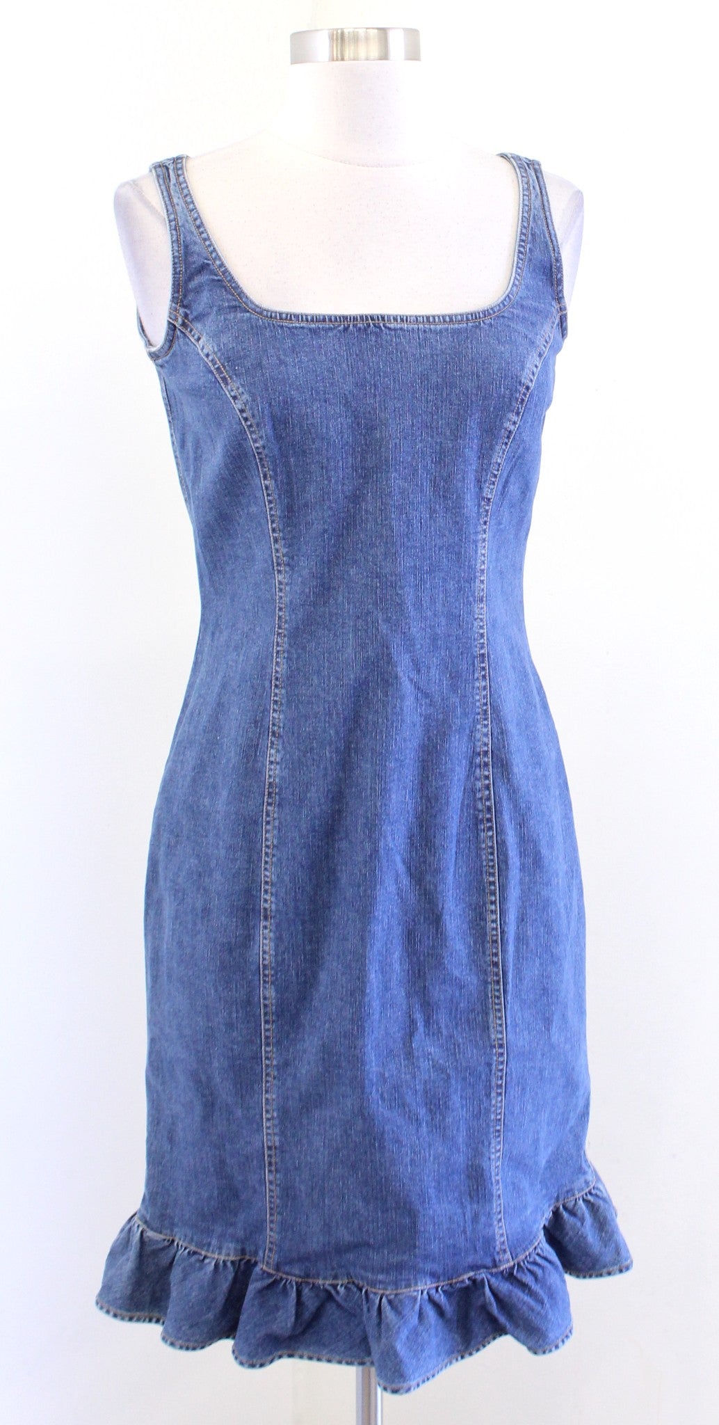 Vtg 2000s Y2k Denim Jean Ruffle Flounce Hem Sleeveless Dress Size 0 Square Neck