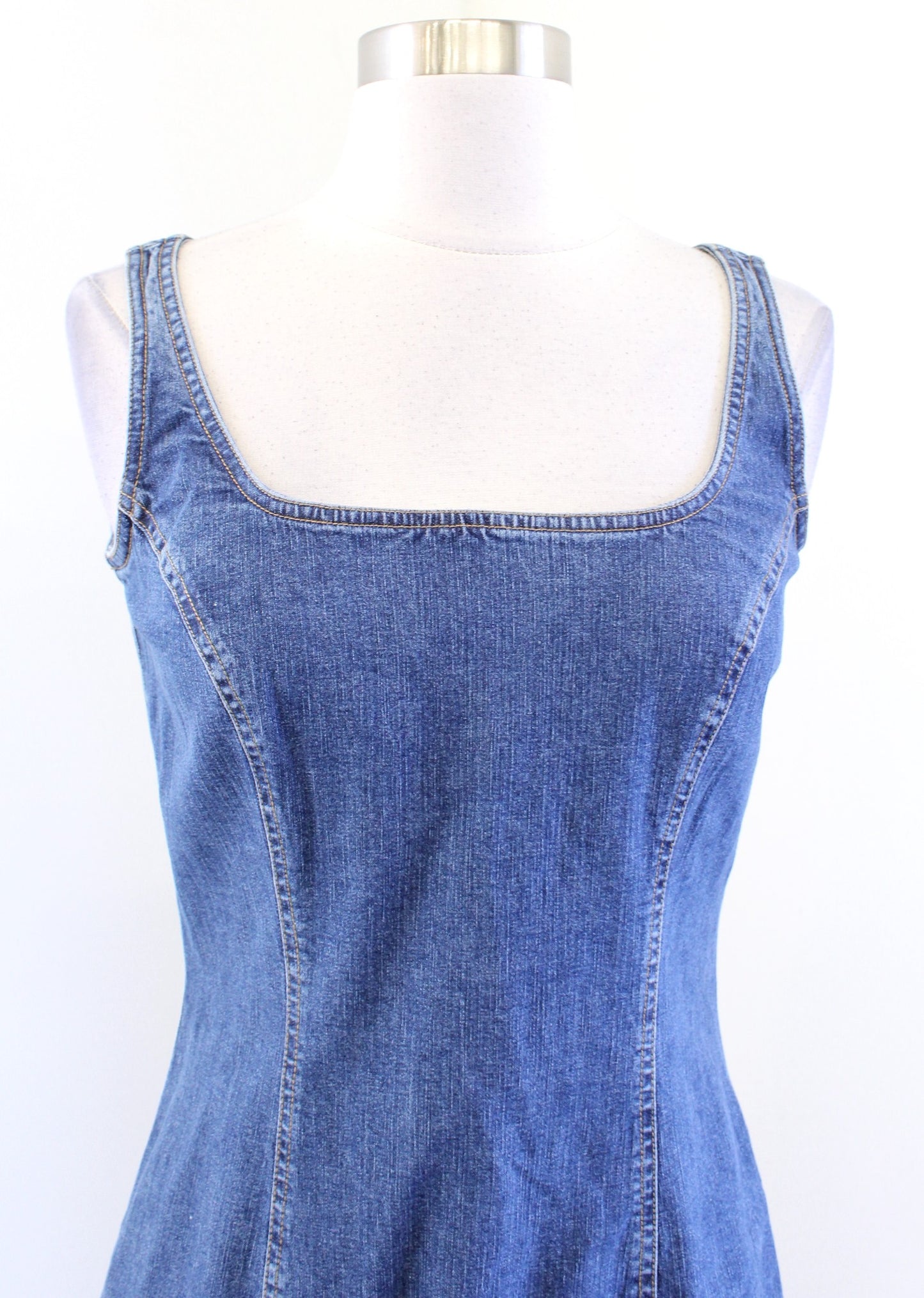 Vtg 2000s Y2k Denim Jean Ruffle Flounce Hem Sleeveless Dress Size 0 Square Neck