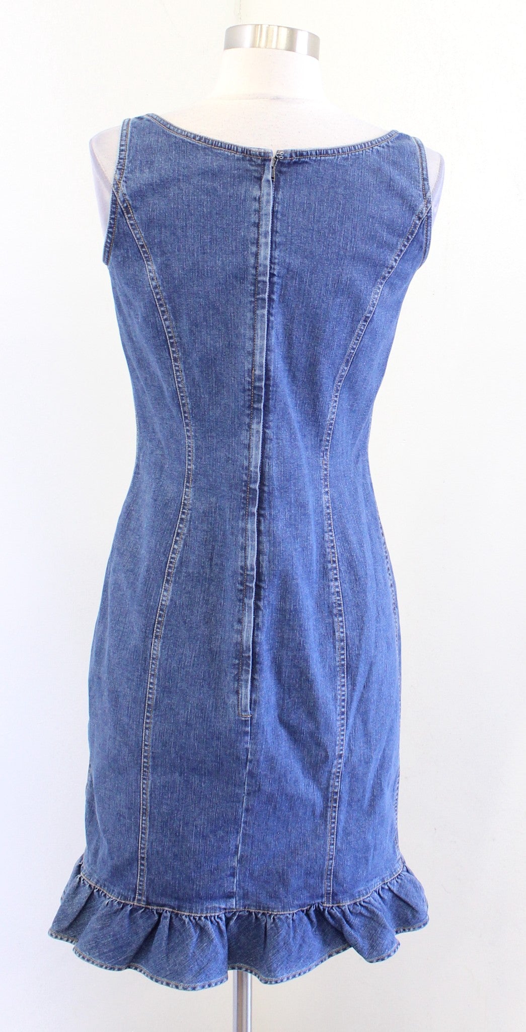 Vtg 2000s Y2k Denim Jean Ruffle Flounce Hem Sleeveless Dress Size 0 Square Neck