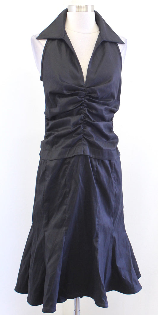 Vtg 90s Tadashi Black Collared Cinched A Line Evening Party Cocktail Dress Sz 8