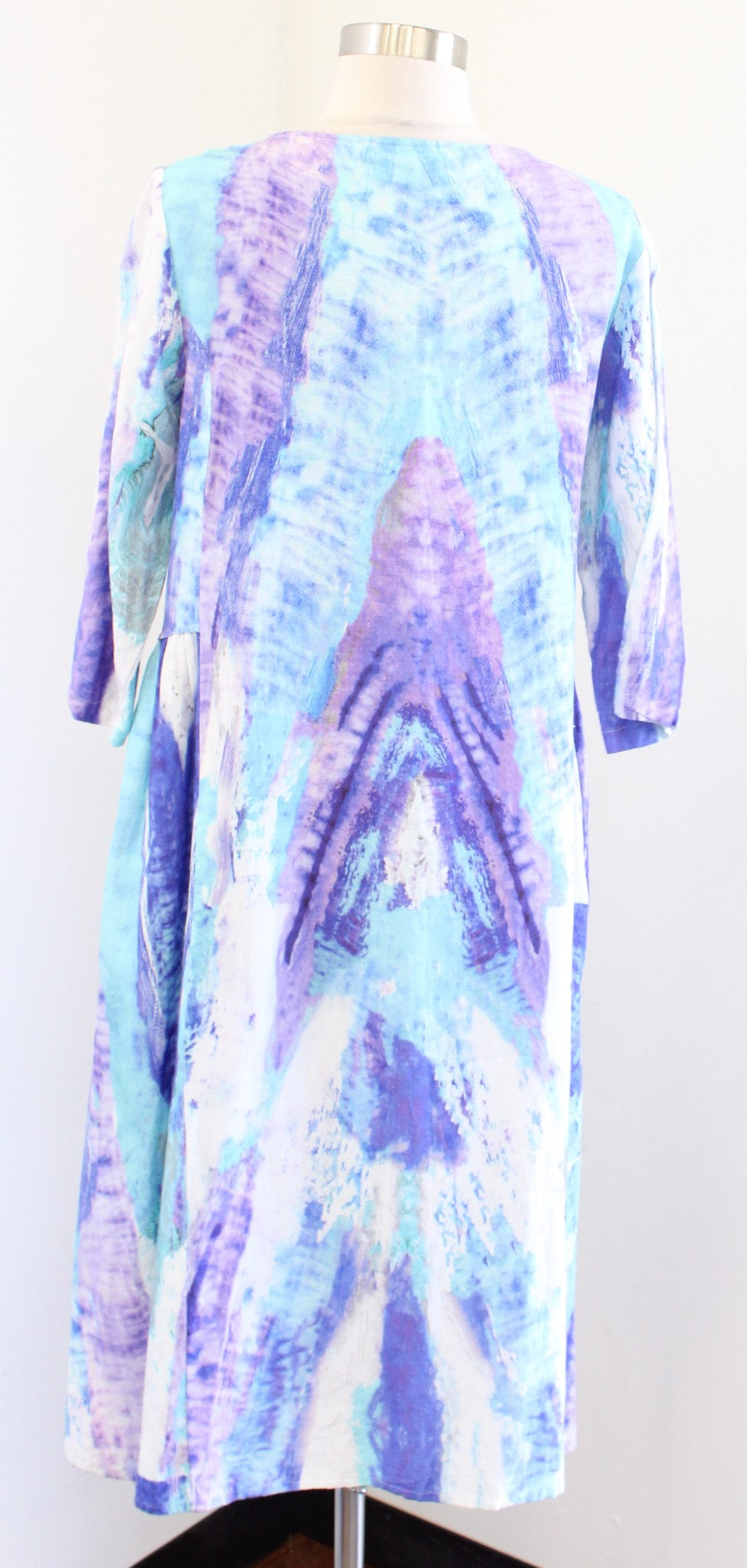 Soft Surroundings Blue Purple Tie Dye Printed Midi Shift Dress S Lagenlook Flax