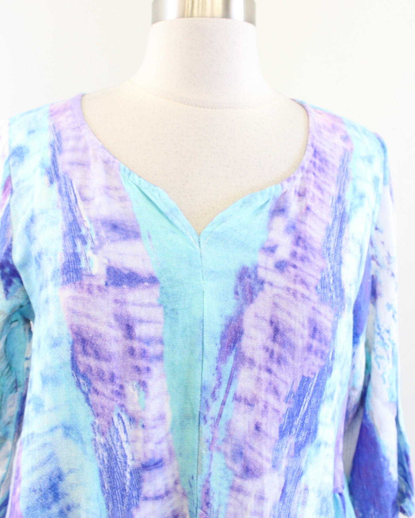 Soft Surroundings Blue Purple Tie Dye Printed Midi Shift Dress S Lagenlook Flax