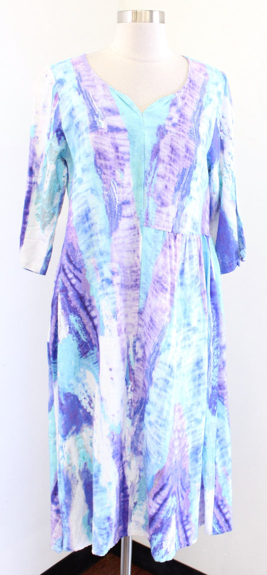 Soft Surroundings Blue Purple Tie Dye Printed Midi Shift Dress S Lagenlook Flax