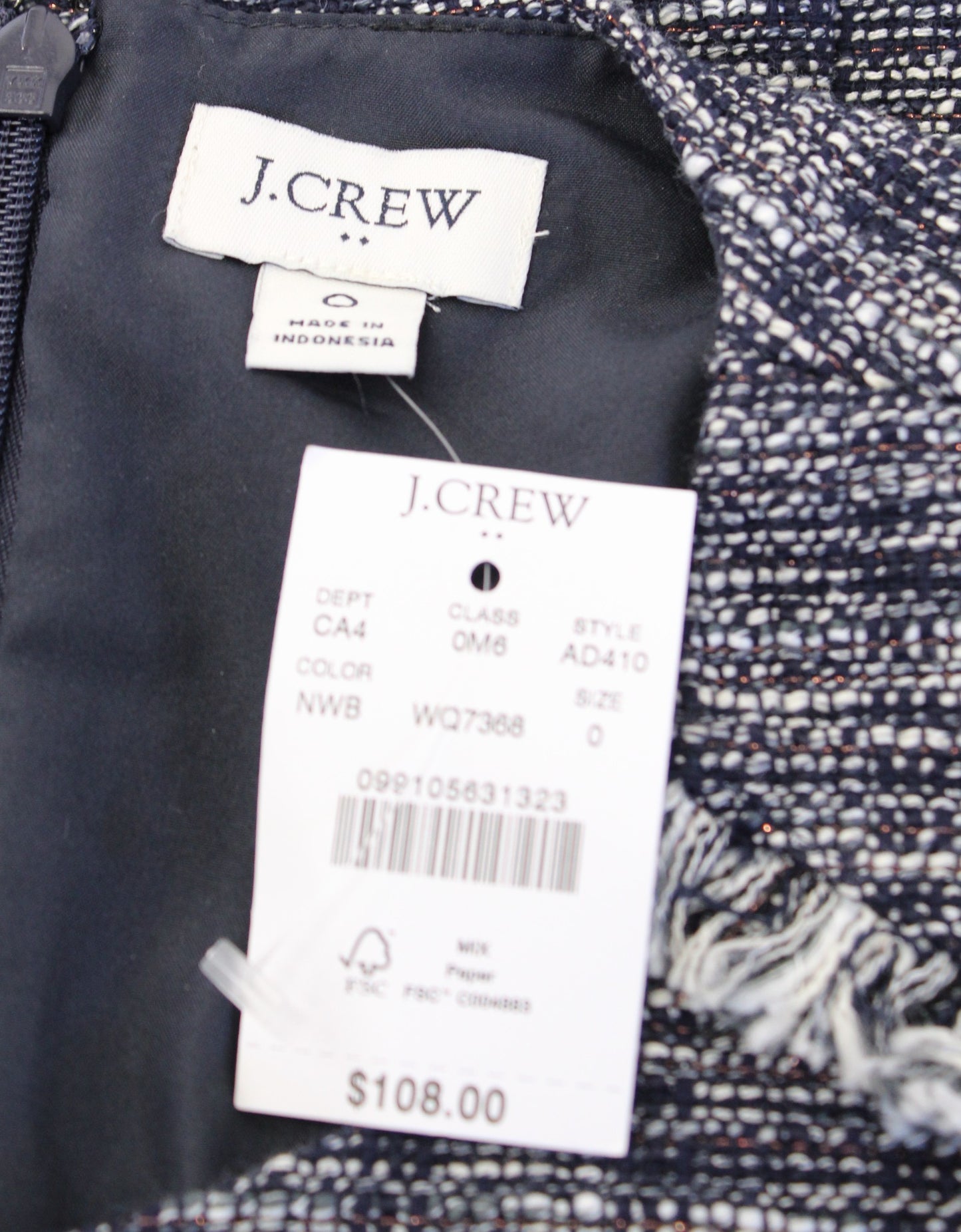 NWT $108 J Crew Navy Blue Metallic Shimmer Tweed Fringe Sheath Dress Size 0