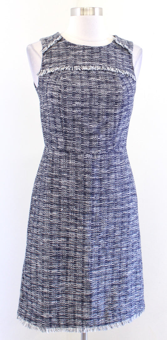 NWT $108 J Crew Navy Blue Metallic Shimmer Tweed Fringe Sheath Dress Size 0