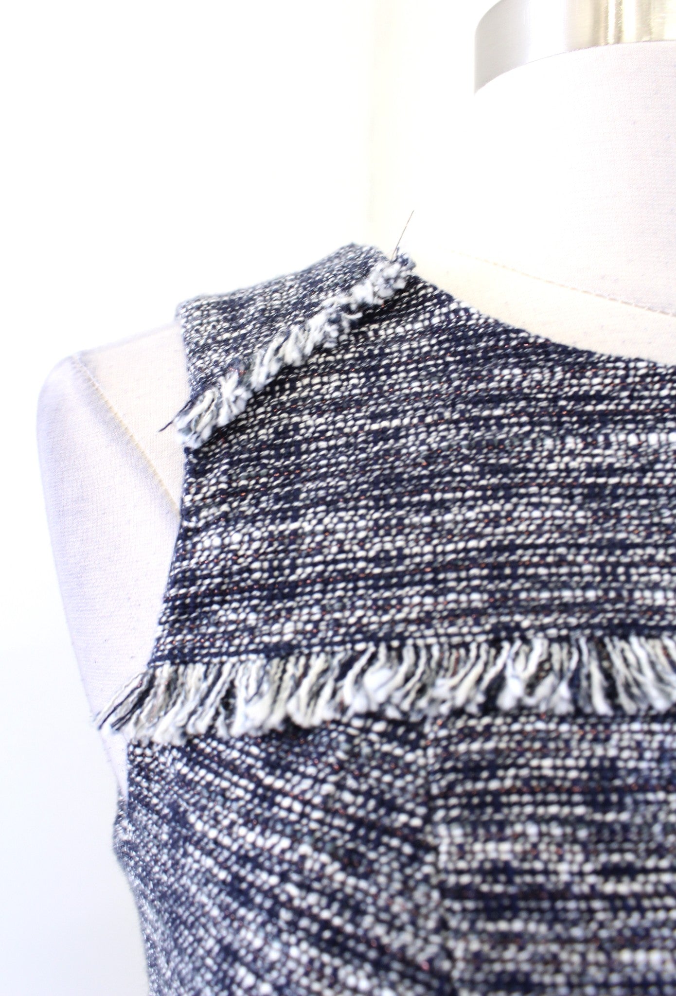 NWT $108 J Crew Navy Blue Metallic Shimmer Tweed Fringe Sheath Dress Size 0