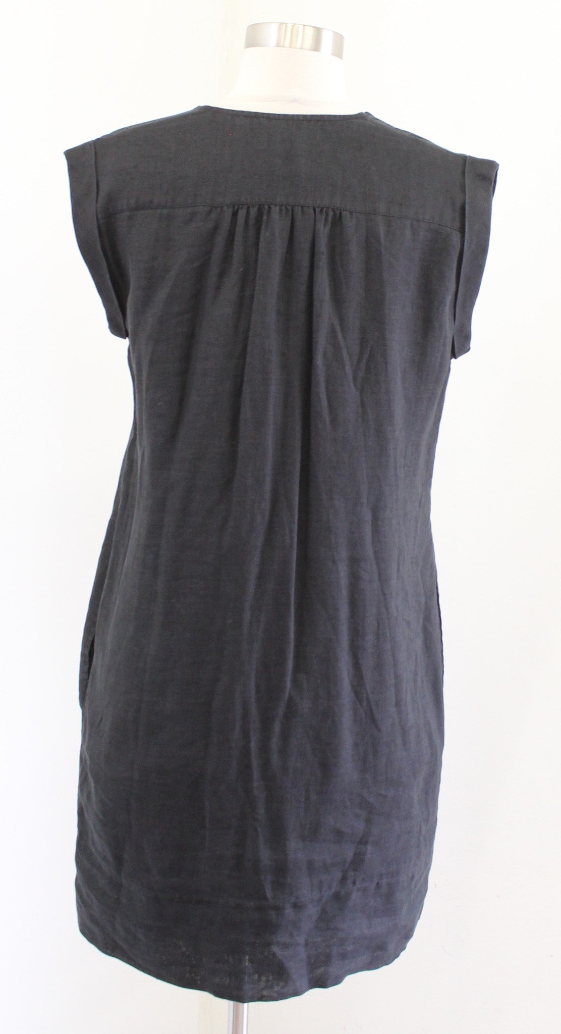 Theory Black 100% Linen Split Neck Shift Dress Size 6 Mini Lagenlook Casual