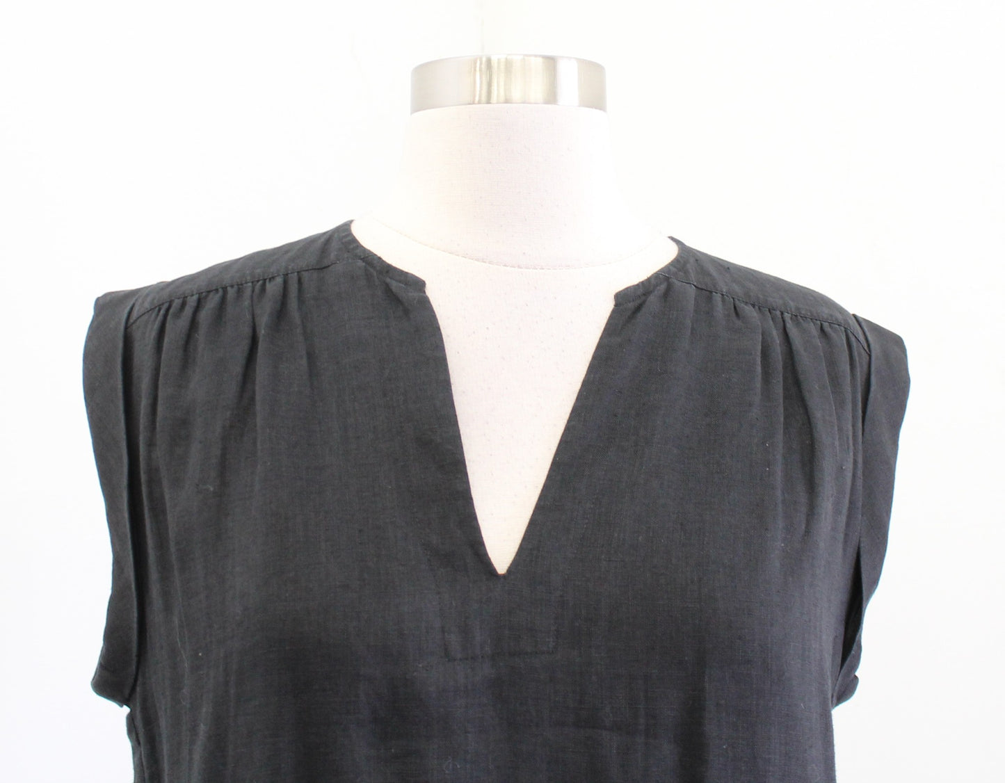 Theory Black 100% Linen Split Neck Shift Dress Size 6 Mini Lagenlook Casual