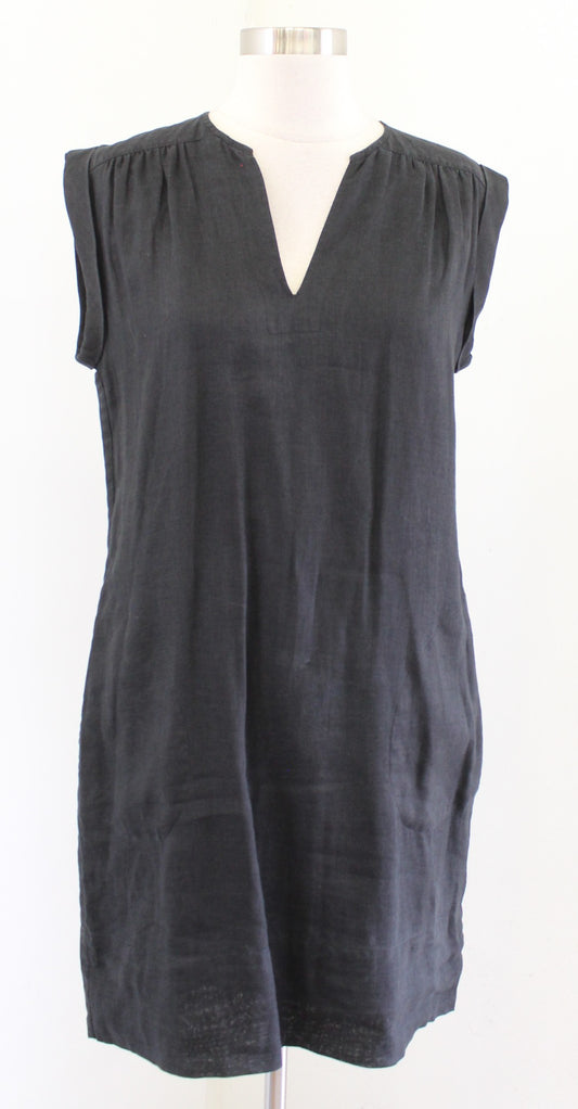 Theory Black 100% Linen Split Neck Shift Dress Size 6 Mini Lagenlook Casual