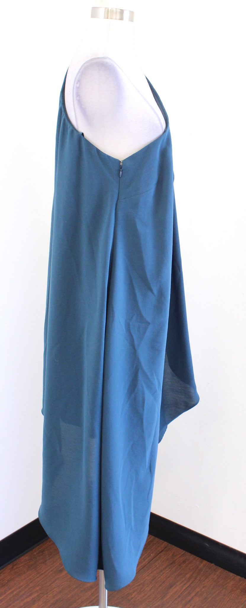 Adrianna Papell Teal Gauzy One Shoulder Draped Asymmetrical Dress Sz 14W Evening