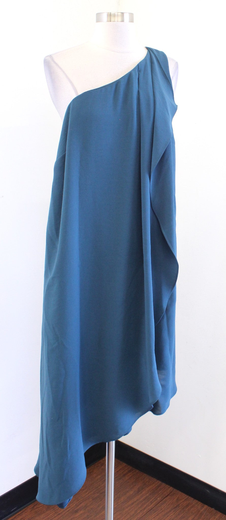 Adrianna Papell Teal Gauzy One Shoulder Draped Asymmetrical Dress Sz 14W Evening