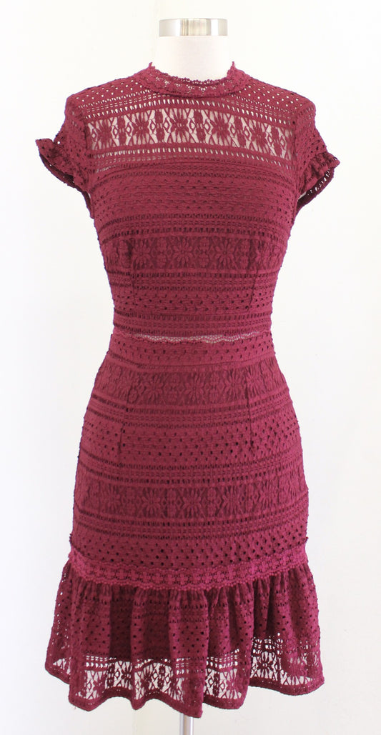 NWT Foxiedox Burgundy Wine Ruffle Lace Open Back Dress Size XS Cocktail Party