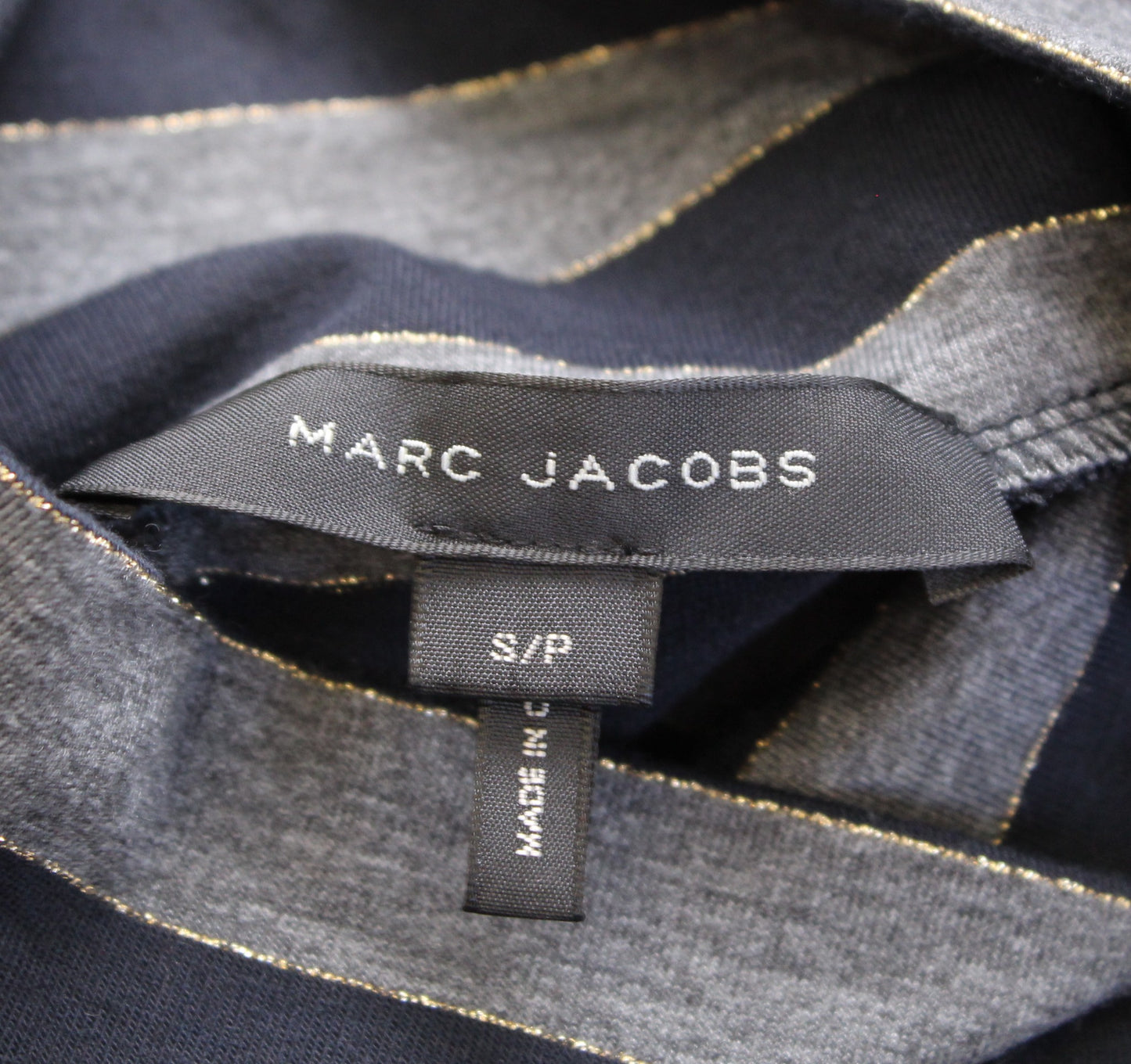 Marc Jacobs Navy Blue Gray Shimmer Striped Flounce Turtleneck Dress Size S Gold