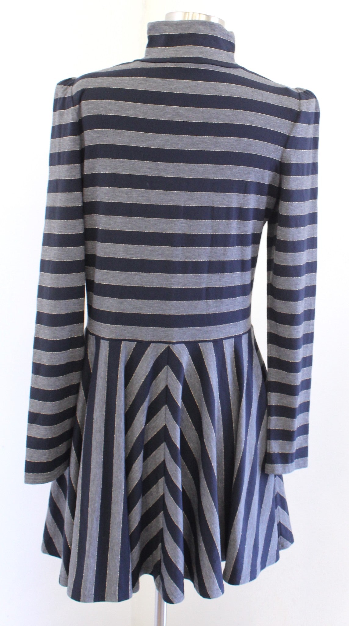 Marc Jacobs Navy Blue Gray Shimmer Striped Flounce Turtleneck Dress Size S Gold