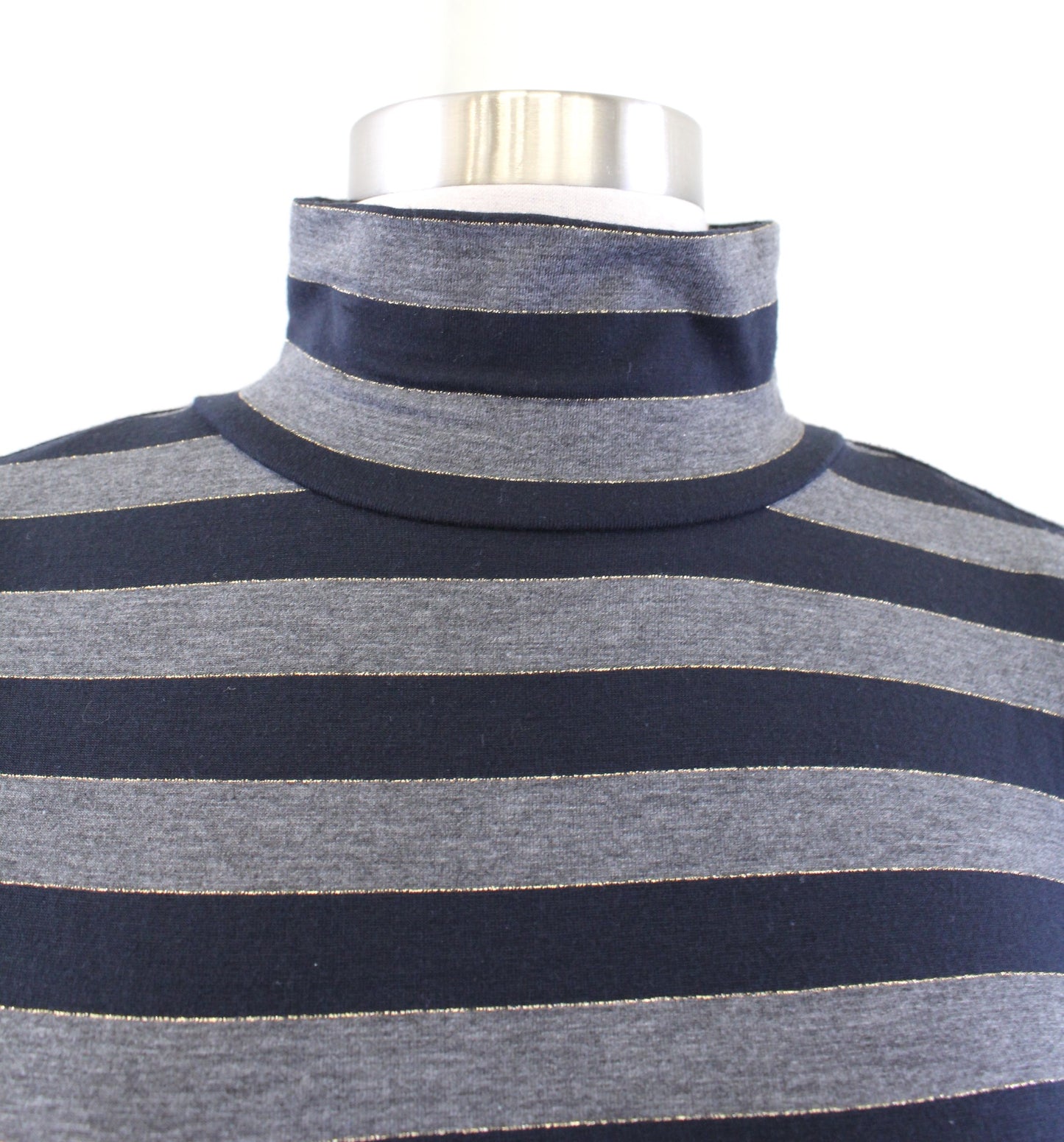 Marc Jacobs Navy Blue Gray Shimmer Striped Flounce Turtleneck Dress Size S Gold