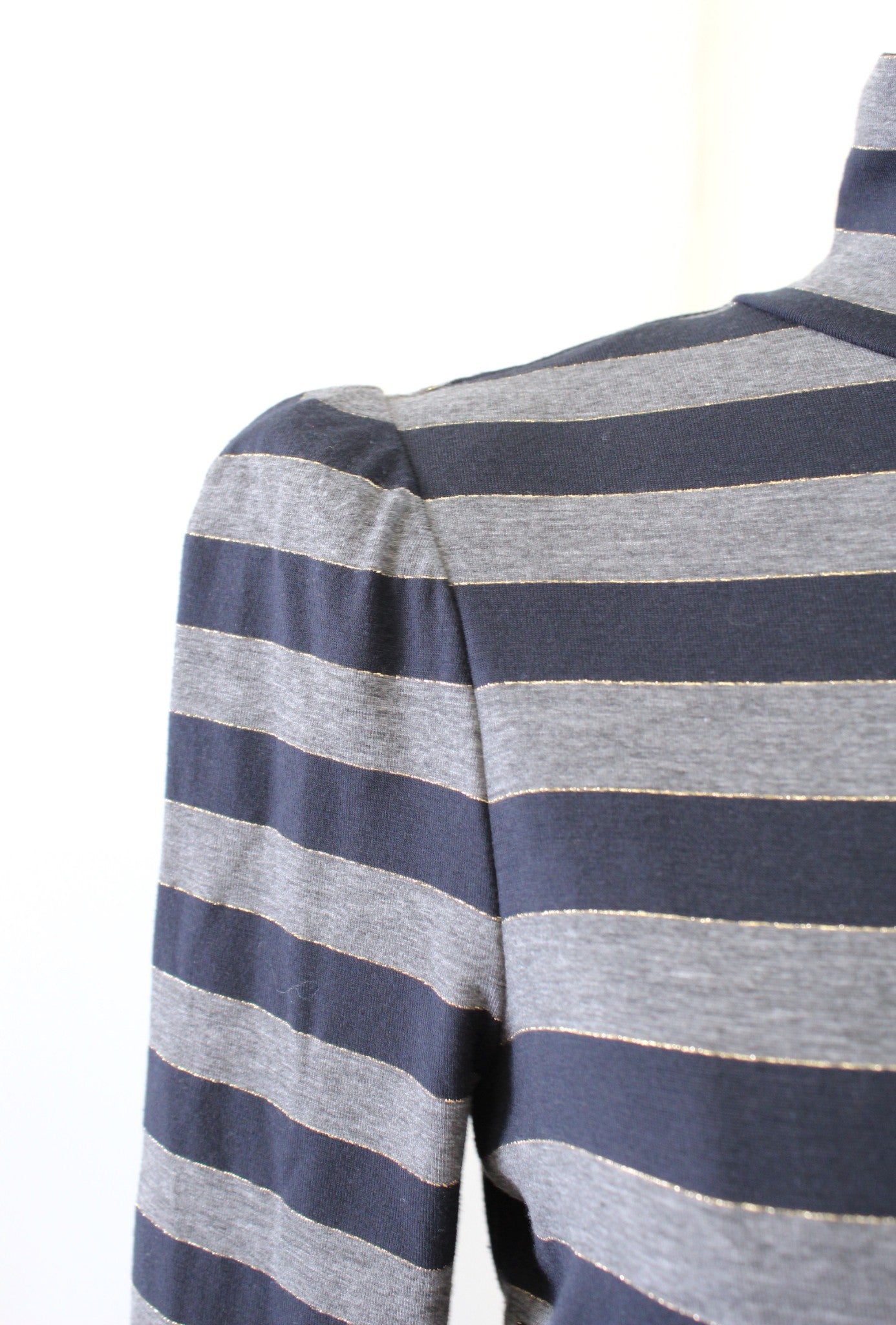 Marc Jacobs Navy Blue Gray Shimmer Striped Flounce Turtleneck Dress Size S Gold