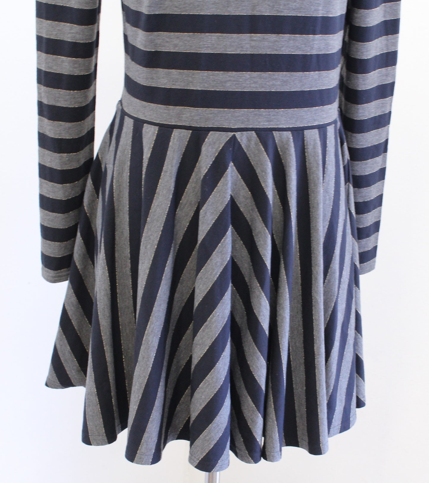 Marc Jacobs Navy Blue Gray Shimmer Striped Flounce Turtleneck Dress Size S Gold