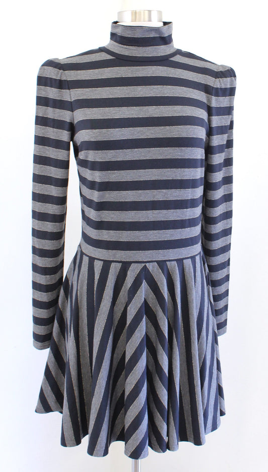 Marc Jacobs Navy Blue Gray Shimmer Striped Flounce Turtleneck Dress Size S Gold