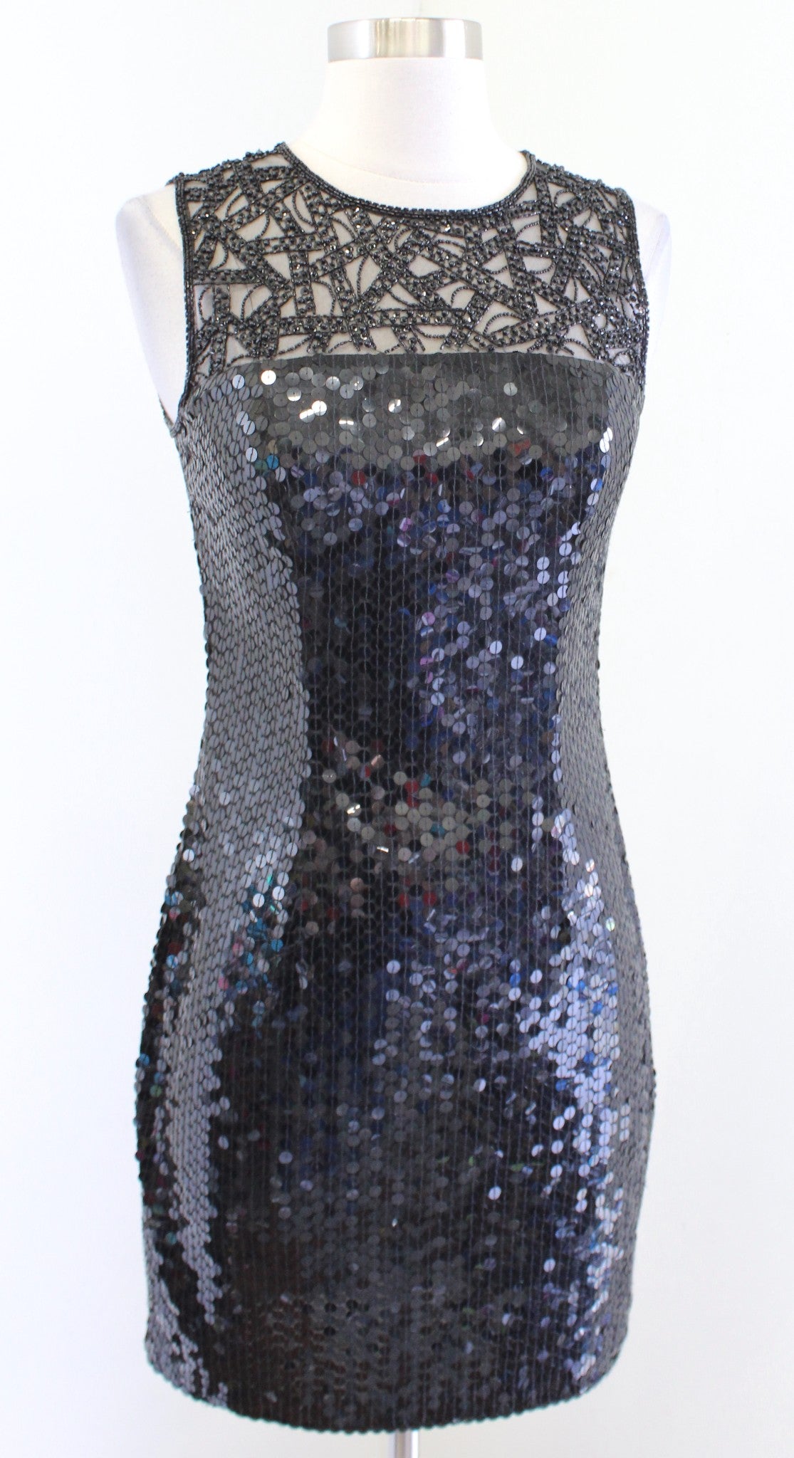 Vtg 90s Niteline Black Sequin Beaded Mesh Open Back Cocktail Party Dress Size 6P