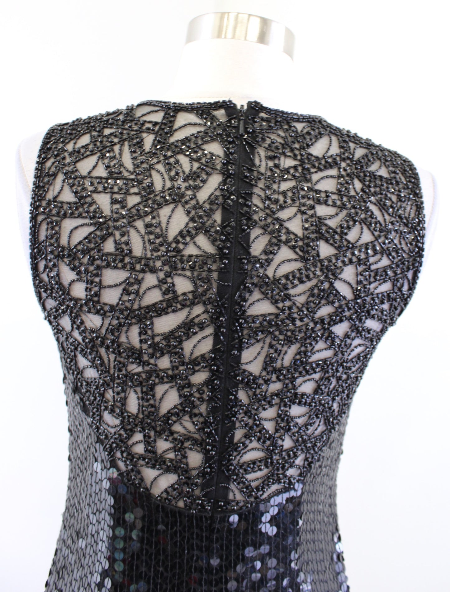 Vtg 90s Niteline Black Sequin Beaded Mesh Open Back Cocktail Party Dress Size 6P
