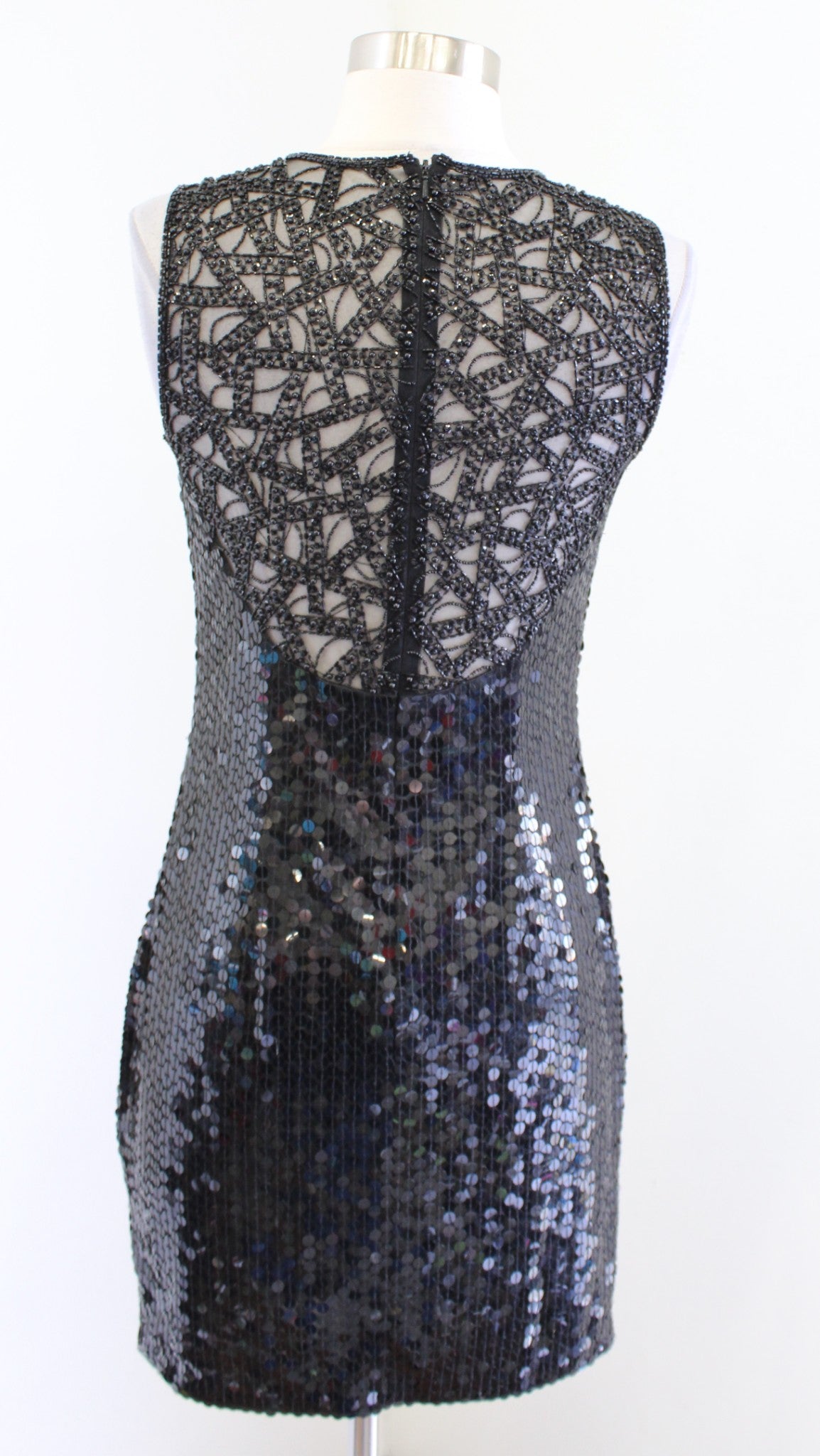 Vtg 90s Niteline Black Sequin Beaded Mesh Open Back Cocktail Party Dress Size 6P