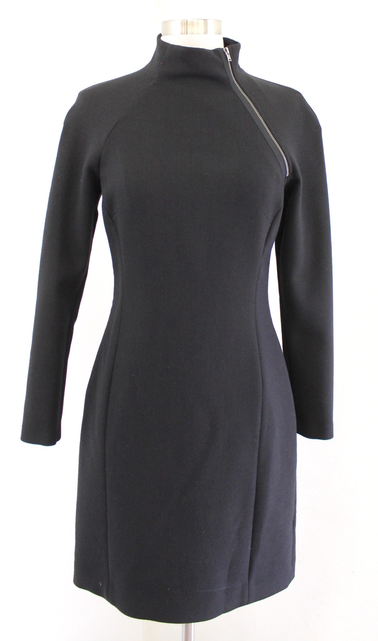 Theory Danella Black Virgin Wool Blend Fitted Zipper Mock Neck Sheath Dress Sz 6