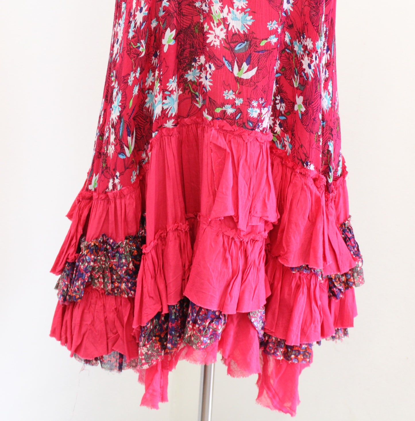 Free People FP One Floral Patchwork Ruffle Tiered Slip Dress Size S Raspberry