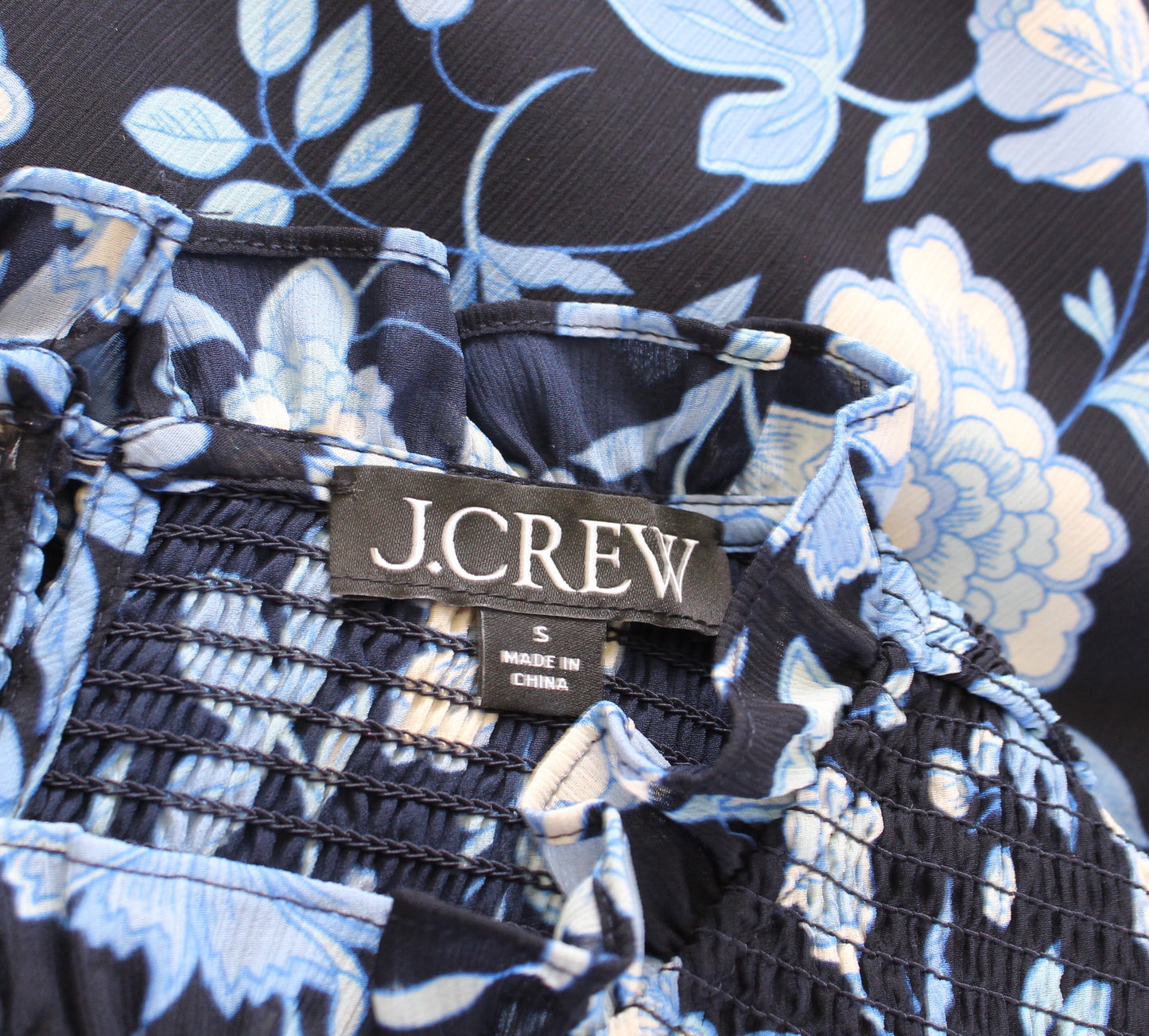 J Crew Ruffle Neck Chiffon Top in Midnight Blue Black Floral Size S Blouse Long Sleeve