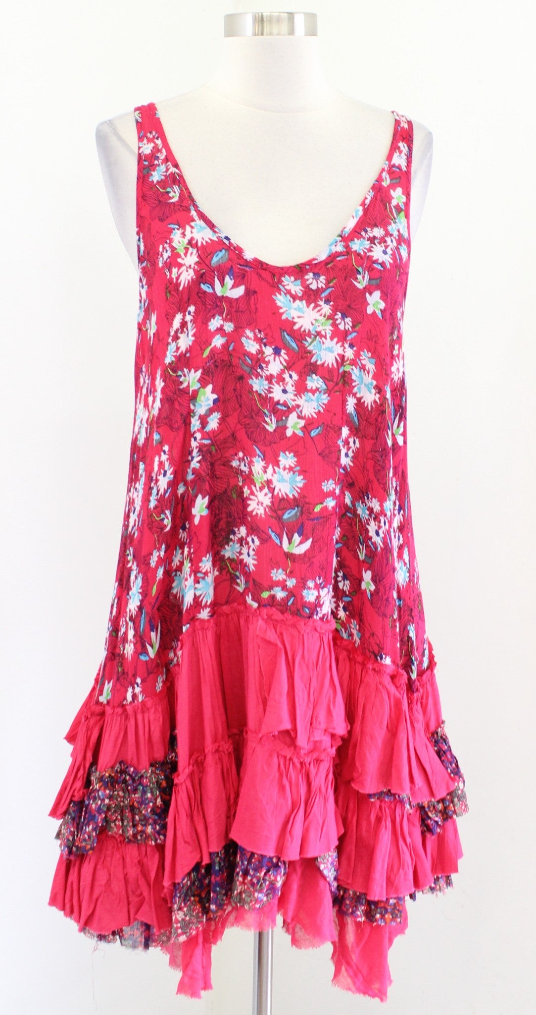 Free People FP One Floral Patchwork Ruffle Tiered Slip Dress Size S Raspberry