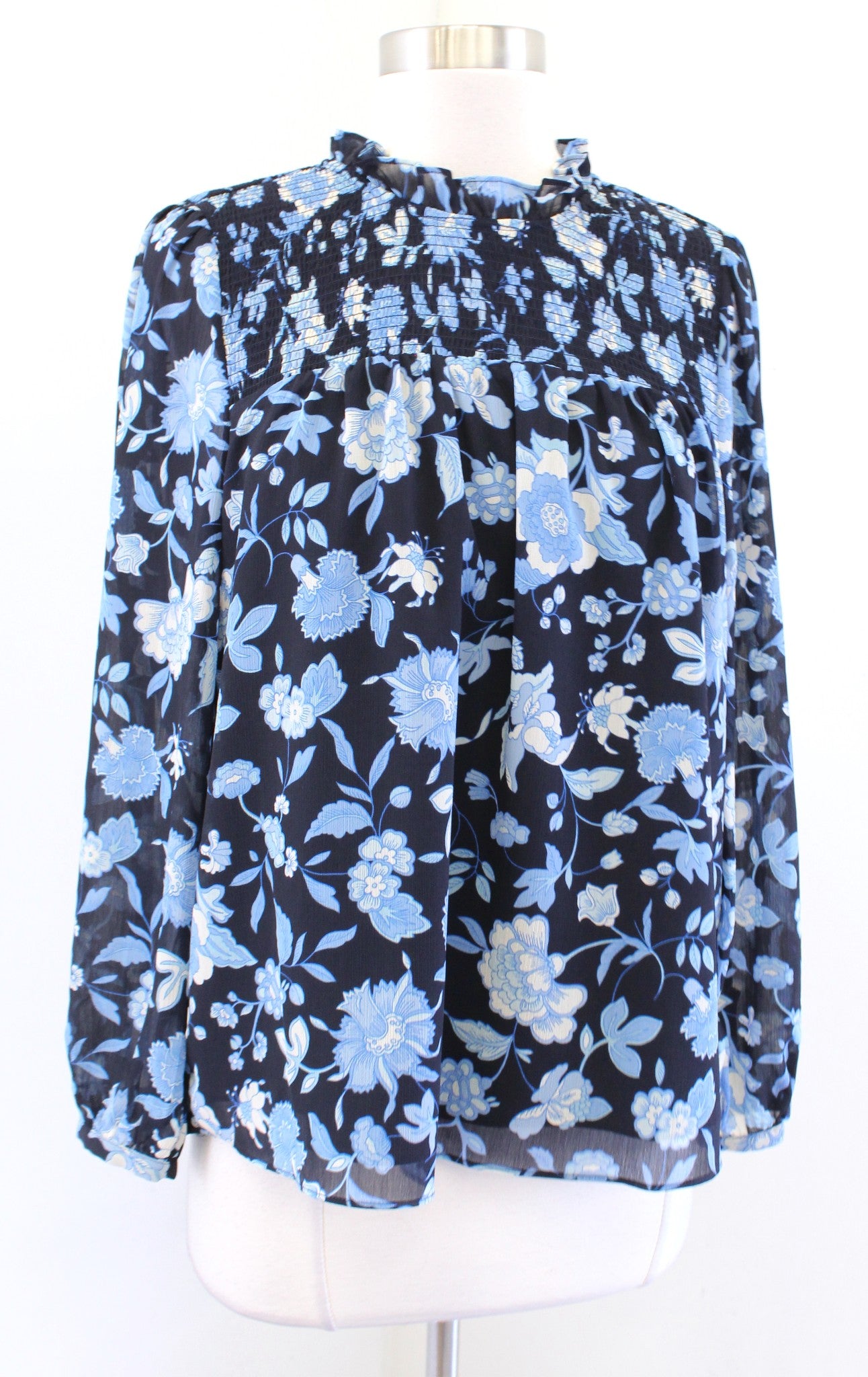 J Crew Ruffle Neck Chiffon Top in Midnight Blue Black Floral Size S Blouse Long Sleeve