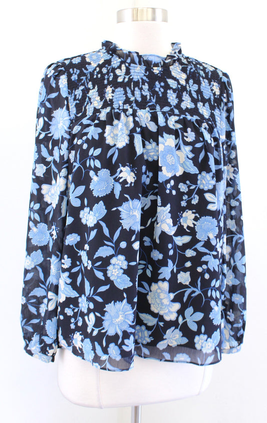 J Crew Ruffle Neck Chiffon Top in Midnight Blue Black Floral Size S Blouse Long Sleeve