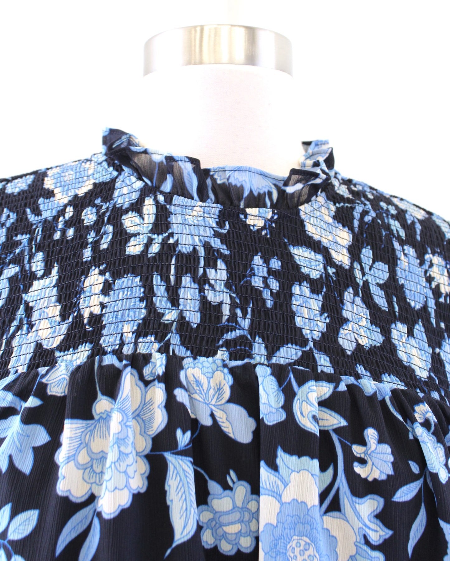 J Crew Ruffle Neck Chiffon Top in Midnight Blue Black Floral Size S Blouse Long Sleeve