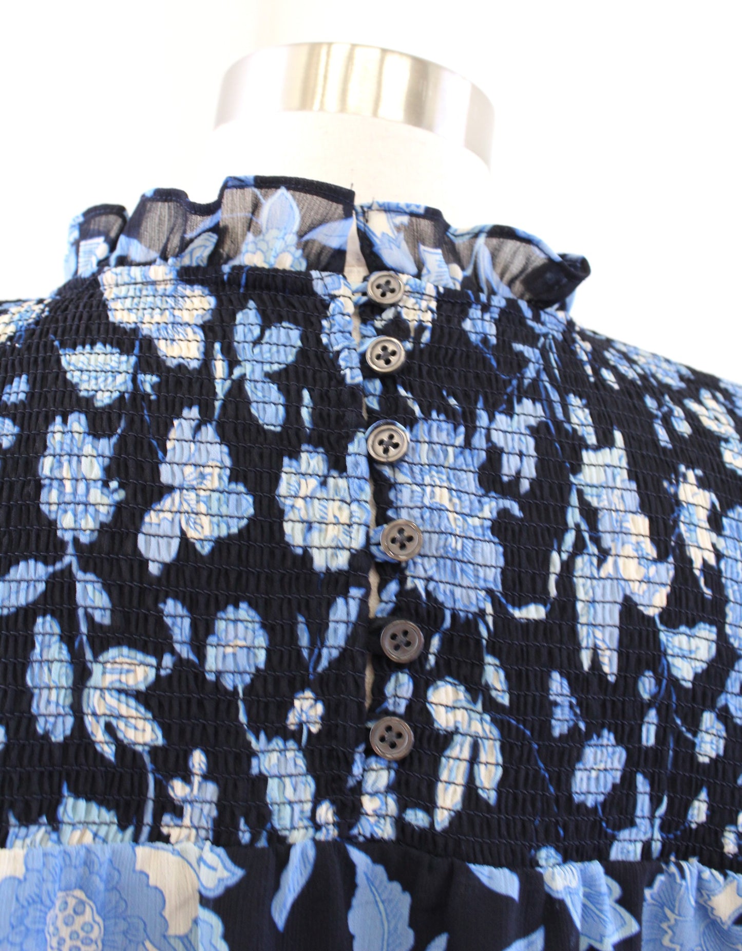J Crew Ruffle Neck Chiffon Top in Midnight Blue Black Floral Size S Blouse Long Sleeve