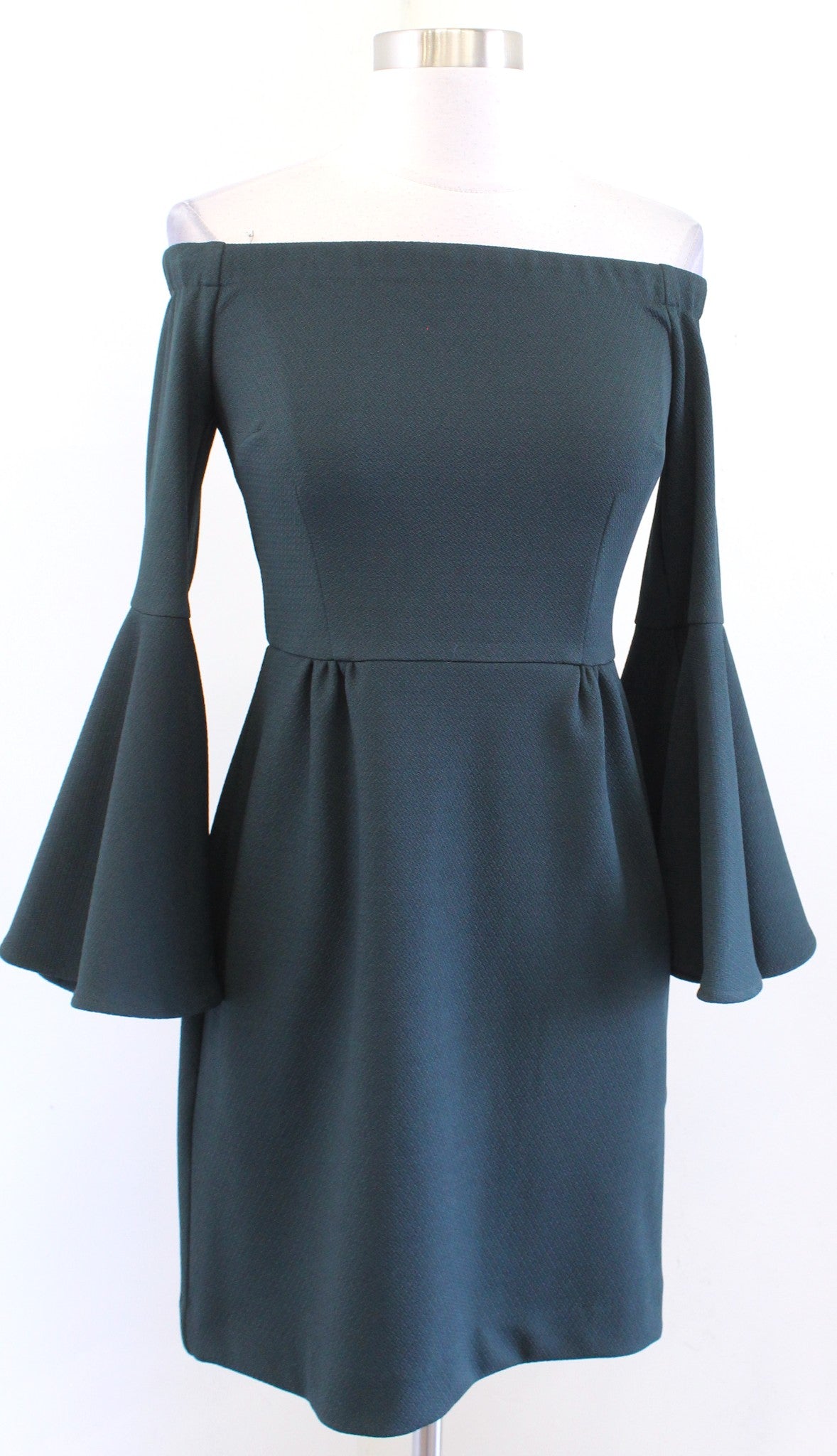 NWT Trina Turk Miley Forest Green Off the Shoulder Bell Sleeve Dress Size 0