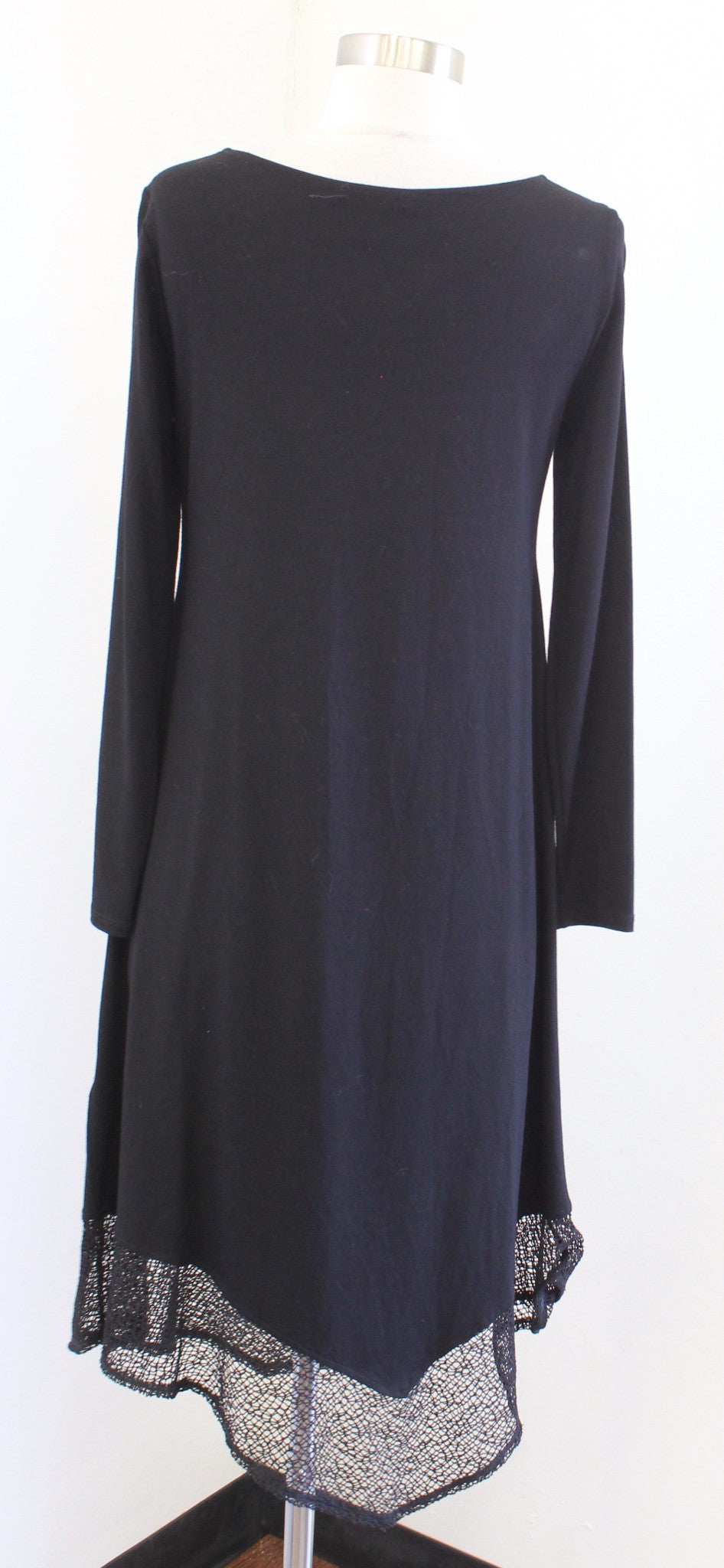 Eileen Fisher Black Viscose Jersey Knit Asymmetrical Netted Lace Hem Dress Sz XS