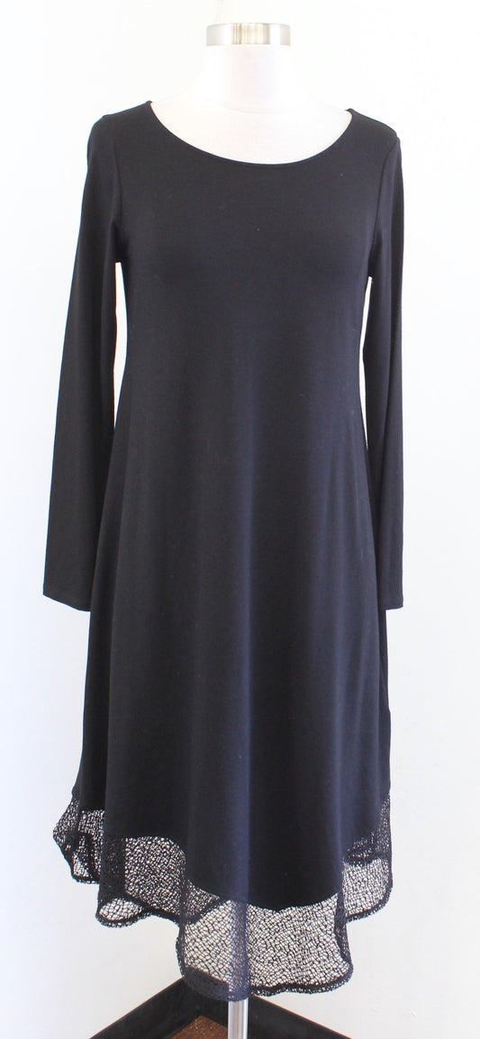 Eileen Fisher Black Viscose Jersey Knit Asymmetrical Netted Lace Hem Dress Sz XS